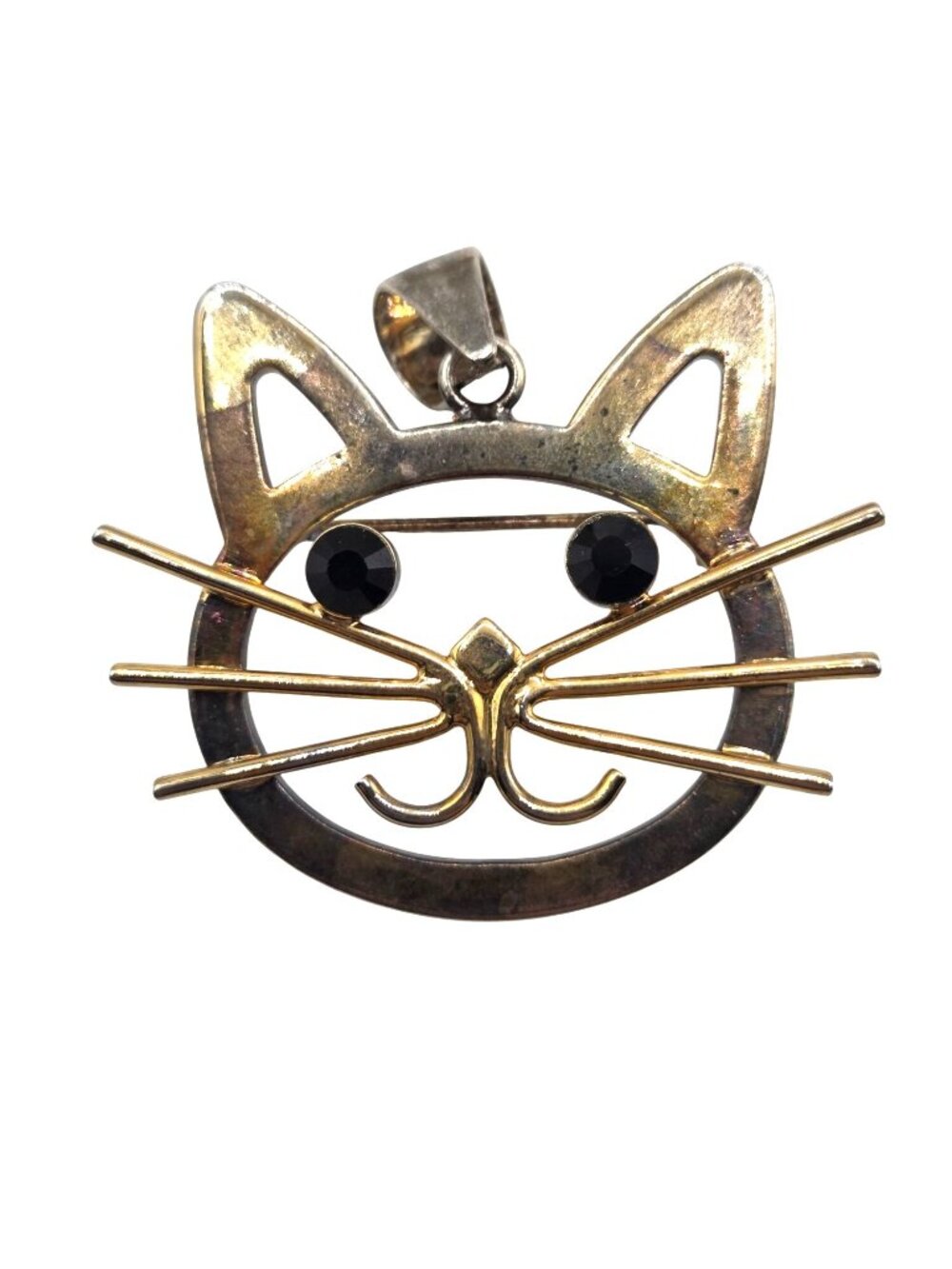 Cat Face Gold-Tone Pendant & Brooch Combo With Black Rhinestone Eyes